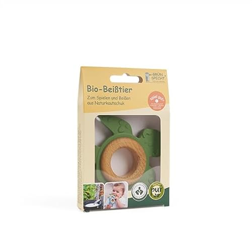 GRÜNSPECHT Bio-Beißtier aus Naturkautschuk mit Holzring, Zahnungshilfe & Spielzeug, massiert Zahnfleisch, BPA frei, fördert Feinmotorik, Schildkröte, grün (689-00), 1 Stück (1er Pack)