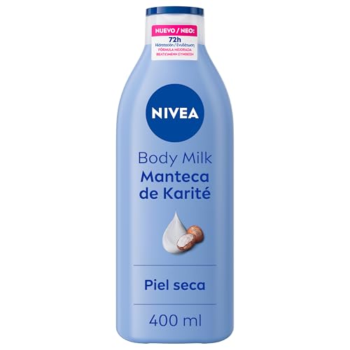 NIVEA Body Milk Manteca de Karité (1 x 400 ml), leche corporal que hidrata durante 72 h, crema hidratante corporal con ácido hialurónico, para piel seca