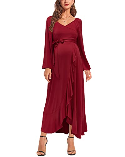 Ouges Womens Maternity Dresses For Photoshoot Hi-Low Ruffle Pregnancy Baby Shower Dress(Wine,M) #TOP2