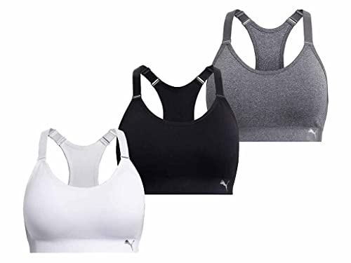 PUMA Women Sports Bra, 3-Pack (Black/White/Grey, Large)