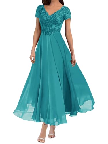Mother of The Bride Dresses Tea Length Lace Appliques Chiffon Short Sleeve V Neck Formal Evening Gown for Women3
