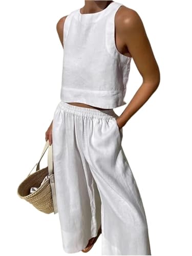 Ensemble deux pièces femme été pantalon large fluide et chemise sans manches décontracté