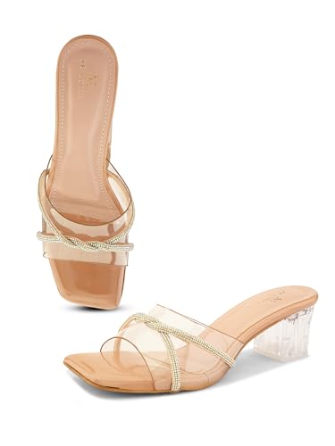 Image of XE Looks Patent Block Heels with Transparent Straps | Rhinestone Embellished Upper | Stylish Square Toe Sandals | Glossy Block Heels for Girls