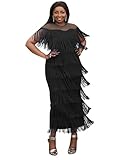 AOMEI Womens Fringe Dress Patchwork Sheer Wrap Mermaid Tassel Dress for Women Curve (Black,XL)