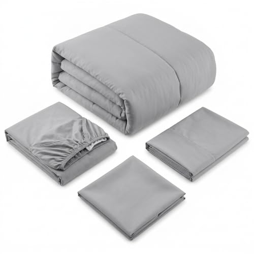 Image of EVERYDAY KIDS 4 Piece Toddler Bedding Set - Includes Comforter, Flat Sheet, Fitted Sheet and Pillowcase - Solid Grey