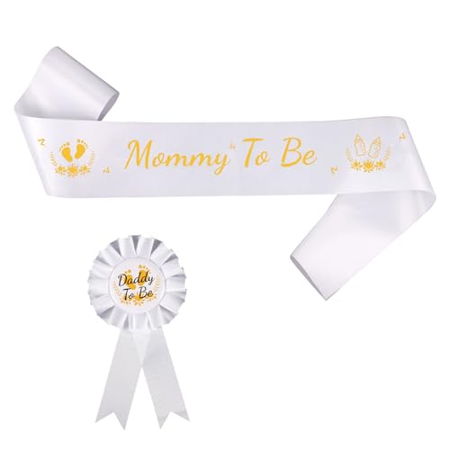 Mommy to Be Sash, with Daddy to Be Badge Pin Gold & White Mom to Be Sash Decor Set Pregnancy Sash Gender Reveals Gift Baby Shower Decorations Mum to Be Mummy to Be Favors for Boys Girls Mother