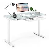 COSTWAY Height Adjustable Electric Standing Desk, 120 x 60cm Stand Up Table with Drawer, Writable Tempered Glass Top and Memory Presets, Home Office Computer Desk Writing Table (White)