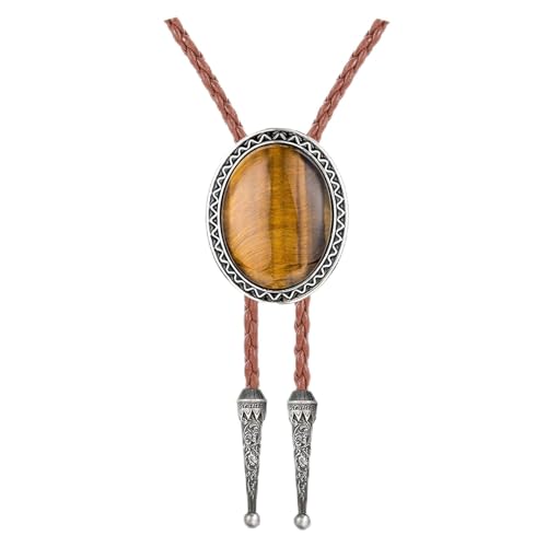 HUABOLA CALYN Bolo Tie for Men Womens Tiger Eye Bolo Tie Necklace Native American Mens Bolo Ties Western Cowboy Brown Leather Necktie