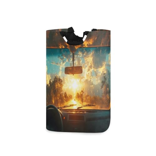 Jihqo Laundry Hamper Basket Car Window Outside Sunrise View Collapsible Nursery Storage Bin Waterproof Clothing Baskets for Home Bedroom Bathroom Washing Room