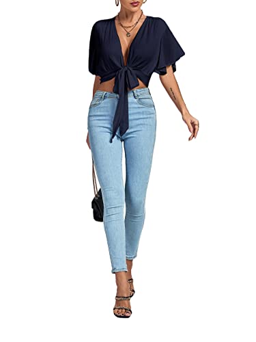 Image of LYANER Women's Sexy Deep V Neck Tie Front Wrap Cropped Blouse Bell Short Sleeve Ruffle Crop Tops