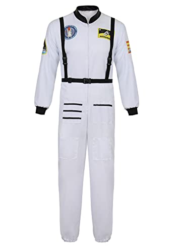 Photo 1 of Lehauya Mens Astronaut Costume Spaceman Suit Pilot Flight Suit Prisoner Jumpsuit Halloween Adult Costumes Large Astronaut Suit-white
