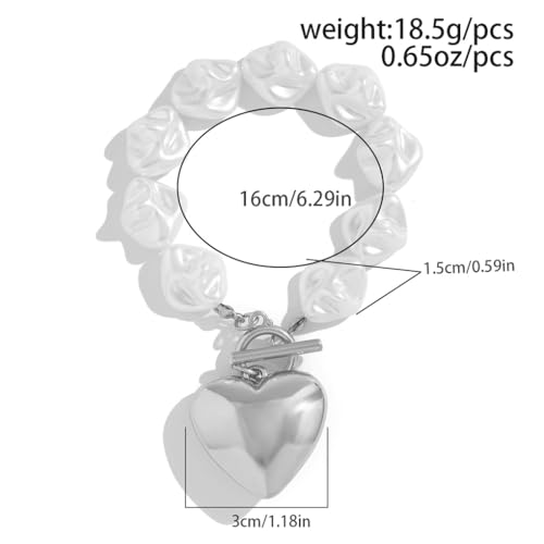 Chunky Gold Heart Bracelets for Women Large Pearl Heart Chain Bracelet Geometric Baroque Pearl Love Toggle Clasp Bracelet Trendy Birthday Jewelry Gift3