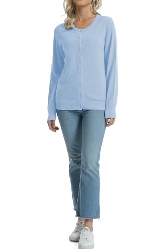 Image of QUALFORT Women's 100% Cotton Lightweight Cardigans Long Sleeve Knitted Button Down Sweater