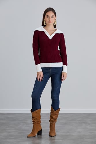 Image of Sweaters for Women Fashion Long Sleeve Lapel Collar V Neck Casual Knit Color Block Pullover Sweater