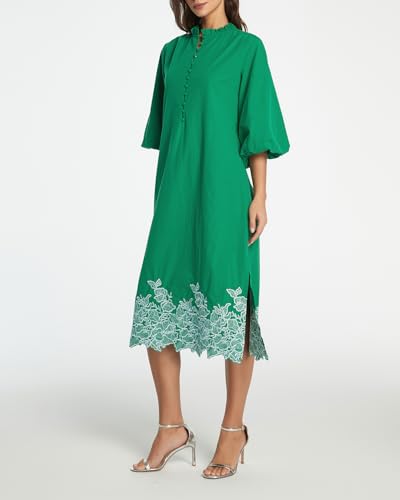 Kedera Womens Midi Summer Dresses Casual 3/4 Sleeve V Neck Button Up Embroidered Cotton Flowy Dress 2025 with Pocket3