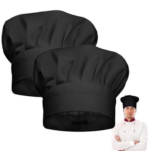 NHQZ Gorro de chef negro, cómodo y transpirable, de algodón, ajustable, elástico, para pastelería, restaurante, cafetería, bar (unisex), negro, 2 piezas