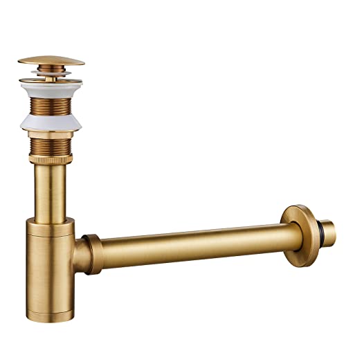 KINKIBOS Juego de sifón y desagüe universal para lavabo sin rebosadero, desagüe Pop Up sin rebosadero, incluye juntas, diseño sifón lavabo para baño, latón antiguo