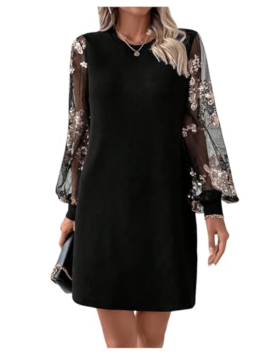 MakeMeChic Women's Fall Long Sleeve Floral Sheer Dress Wedding Guest