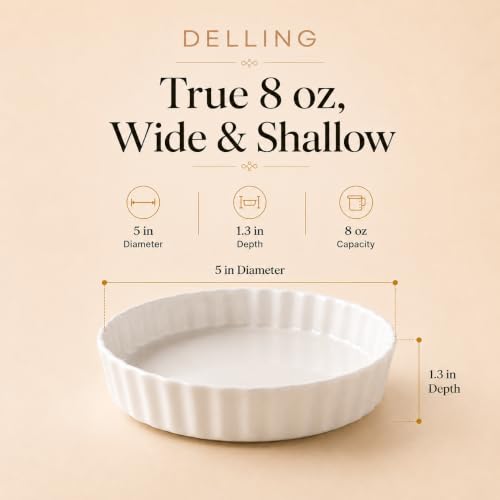 Delling Creme Brulee Ramekins - 6 Piece Set, 8 oz Round Fluted Quiche Dishes, Oven Safe, White - Image 3
