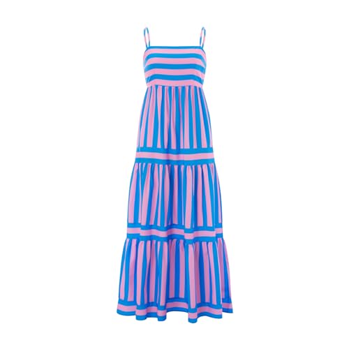 Image of KMBANGI Women Striped Sleeveless Maxi Dress Swing Patchwork Midi Dress Smocked Spaghetti Strap Colorful Long Sundress