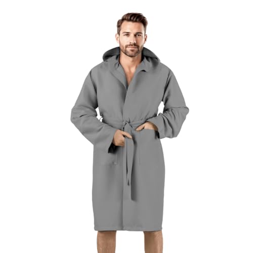 Puraluna Albornoz de microfibra premium con capucha, unisex, práctico para el viaje y el gimnasio, con cómoda funda de PVC, para hombre y mujer, gris, 3XL extra alto