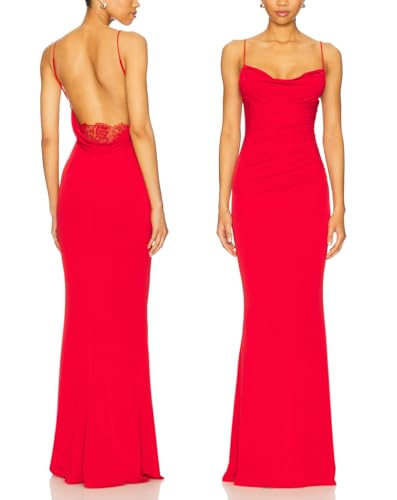 Image of Aigeman Women Spaghetti Straps Mermaid Evening Gown Wedding Guest Dress Drape Neck Lace Backless Formal Maxi Dress 21