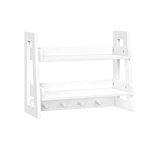 Image of RiverRidge Kids 2-Tier Ladder Shelf with Hooks - White Wall Organizer for Playrooms - Open Shelves for Decor & Storage - Coat Hooks & Wall Hooks for Bags & Accessories