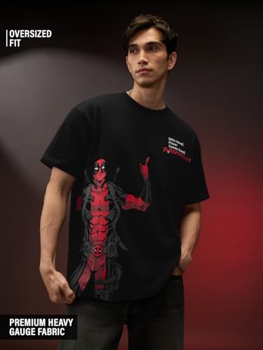 Image of The Souled Store Official Deadpool: Great Irresponsibility Men and Boys Oversized fit Graphic Half Sleeve Cotton Black Color Oversized T-Shirts