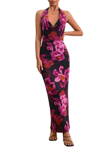 Milumia Women's Mesh Floral Open Back Deep V Neck Halter Maxi Long Dress