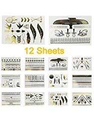 SQDeal Gold Metallic Removable Waterproof Temporary Flash Tattoo Pattern & Golden Bling Glitter Tattoo Stickers Body Art Sex Products for Girla Teens Women