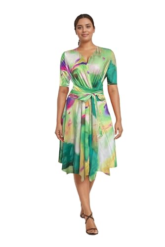 Image of Comfortable Dresses for Women Stretchy Flattering Fit Wrap Dress V Neck Short Sleeve Tie Waist Daily Wear Work Vacation