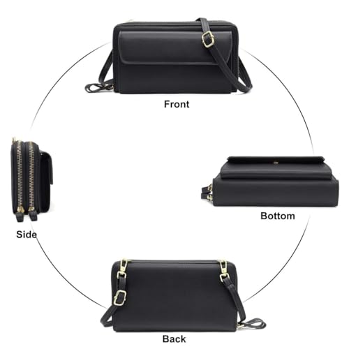 Image of Women Leather Wallet Crossbody Shoulder Bag with Double Zipper and Mobile Phone Purse with Shoulder Strap