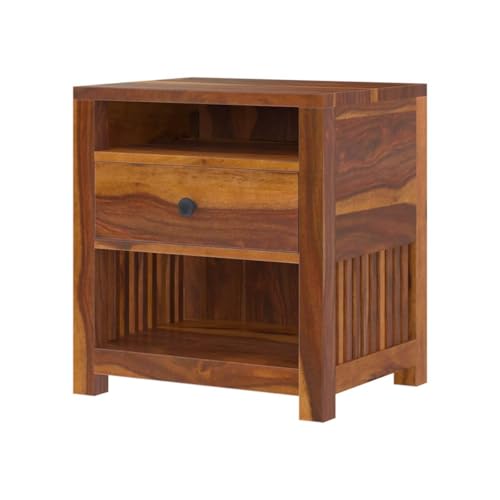 Image of Solid Sheesham Wood Bedside Table for Bedroom | Handmade Pure Wooden Bed Side Nightstand End Table with 1 Drawers & 2 Open Shelf Storage for Home & Bed Room | Rosewood, Brown