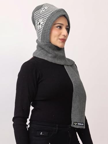 Image of AMOLDO Women's Winter Woolen Soft Warm Knitted Designer Muffler Beanie Cap with Fur | Fleece Printed Woolen Hat with Attached Scarf for Cold Weather