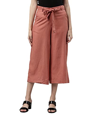 Image of GO COLORS Solid Linen Culottes for Women | High Rise, Side Pockets, Front tie-up