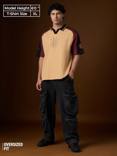 Image of The Souled Store Naruto: Kurama's Fury Men and Boys Short Sleeves Collared Neck Beige Graphic Printed Cotton Oversized Polos