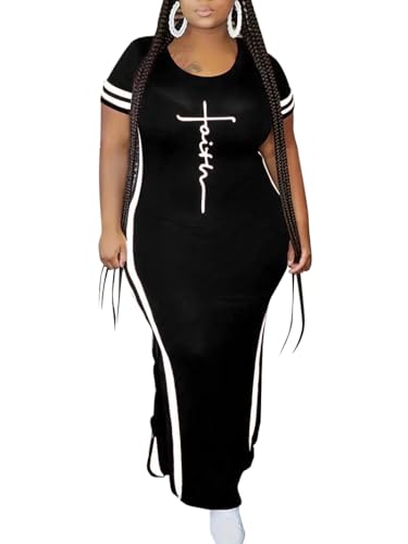 PINSV Women's Plus Size Maxi Dress Summer Casual Short Sleeve Split Long Dresses