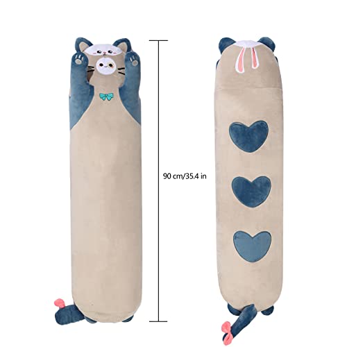 Luminar Bowo Long Cat Plush Kawaii Body Pillow， 35.4” Soft Pp Cotton Filling Cartoon Cute Plushies Pillow For Children Funny Stuffed Animals For Girls Gifts（Blue） #TOP1