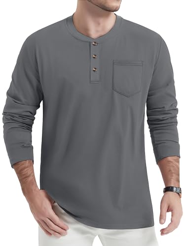 TACVASEN Men's Cotton Henley Shirts Long Slevee 3-Button with Pocket Moisture Wicking Casual Shirts