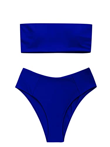 Image of ZAFUL Women's High Cut Bandeau Bikini Set Strapless Solid Color 2 Pieces Bathing Suit Swimsuit