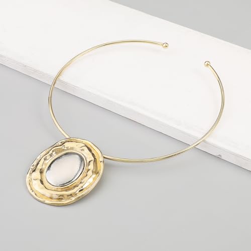 Fashion Chunky Statement Necklaces - African Choker Necklace with Gold Oval Pendant,Tribal Collar Necklace Hammered Metal Jewelry for Women4