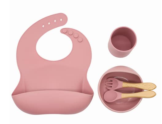 AMERTEER Baby Led Weaning Feeding Supplies For Toddlers, 5 Pcs Silicone Baby Feeding Set | Suction Silicone Baby Bowl-Self Eating Utensils Set With Spoons, Fork, Bibs, Cup Toddlers Spoon Set, BPA Free