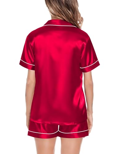 Image of SWOMOG Satin Matching Pajamas Sets Couple Silk Button Down Nightwear Women & Men Short Sleeve Sleepwear 2 Pieces Loungewear