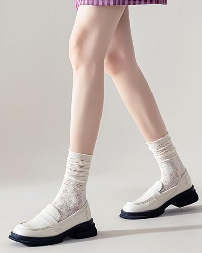 Image of Womens Lace Ankle Socks Mesh Lace Loose Socks Cute Casual Solid Color Princess Socks Sheer Dress Socks 6 Pairs 4-9
