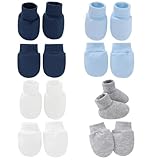 JazRvr Babyschuhe 0-6 Monate, Handschuhe Baby, Fäustlinge Baby, 8 Stück Set in Weiß, Grau, Blau, Marineblau für Hände und Füße, Weiches Material, 10x10 cm Größe