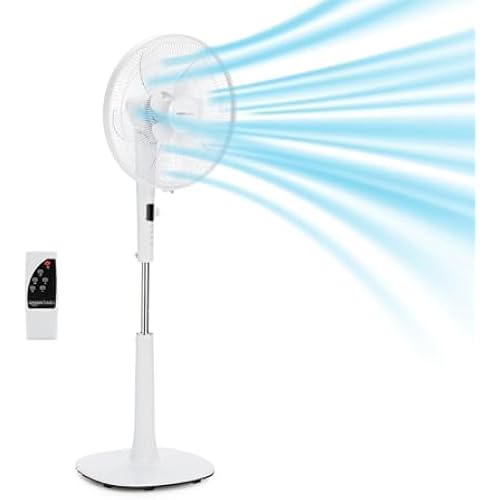 Amazon Basics 16-inch Quiet DC Motor Standing Floor Fan for Bedroom, 12 Speed with Remote, 3 Breeze Modes, Adjustable Height, Dual-Layered Blades, Timer, Energy Efficient (28W), White