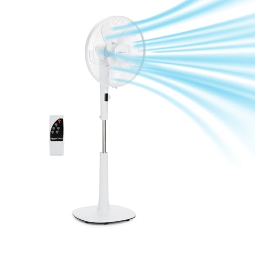 Amazon Basics 16-inch Quiet DC Motor Standing Floor Fan for Bedroom, 12 Speed with Remote, 3 Breeze Modes, Adjustable Height, Dual-Layered Blades, Timer, Energy Efficient (28W), White