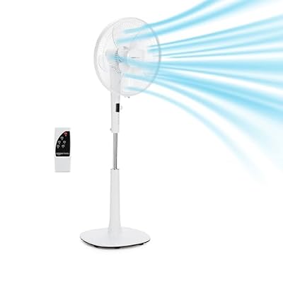 Amazon Basics 16-inch Quiet DC Motor Standing Floor Fan for Bedroom, 12 Speed with Remote, 3 Breeze Modes, Adjustable Height, Dual-Layered Blades, Timer, Energy Efficient (28W), White