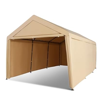 Abba Patio Carport 10×20, Large Portable Garage, All-Season Carport with Roll-up Ventilated Windows and Removable Sidewalls, Waterproof UV Resistant for Cars Vehicles Trucks Boats, 8 Legs, Beige