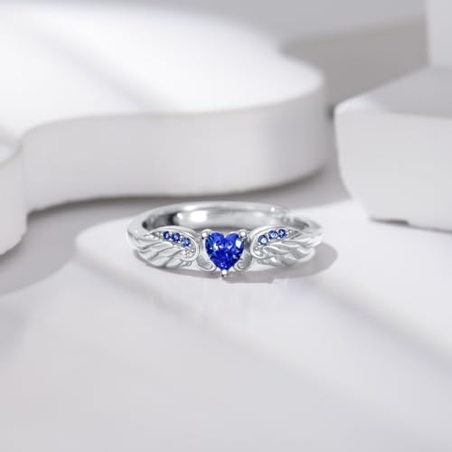 Angel Promise Ring 925 Sterling Silver Angel Wing Heart Ring for Women Angel Memorial Ring with Heart Birthstone Promise Ring Adjustable Size 73